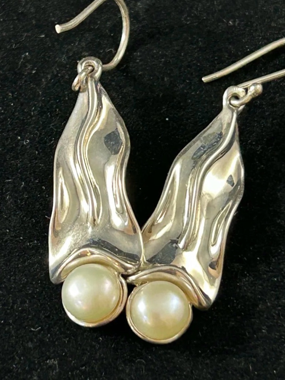 Designer Hagit Gorali Israel sterling silver and cultured pearl earrings.